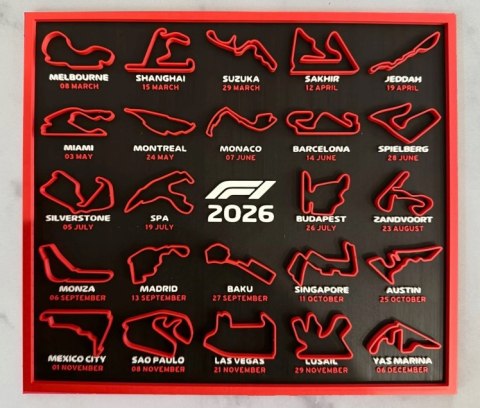Kalendarz F1 2026 z torami Grand Prix 3D